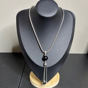 Lariat Style Dangle Tassel Black Beads Pendant Venetian Box Chain Necklace